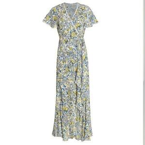 Poupette St Barth Joe Wrap Maxi Dress Blue Yellow Sunflower
